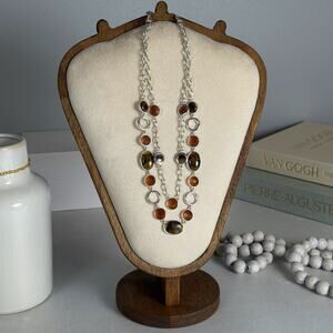 VTG 1980s Monet Earth-Tones Marbled & Faceted Bead 16" Double Strand Necklace